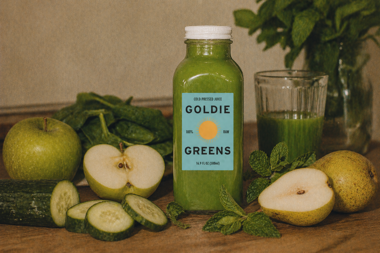 A bottle of Sweet Mint green juice beside crisp green apples, cucumbers, and fresh mint sprigs.